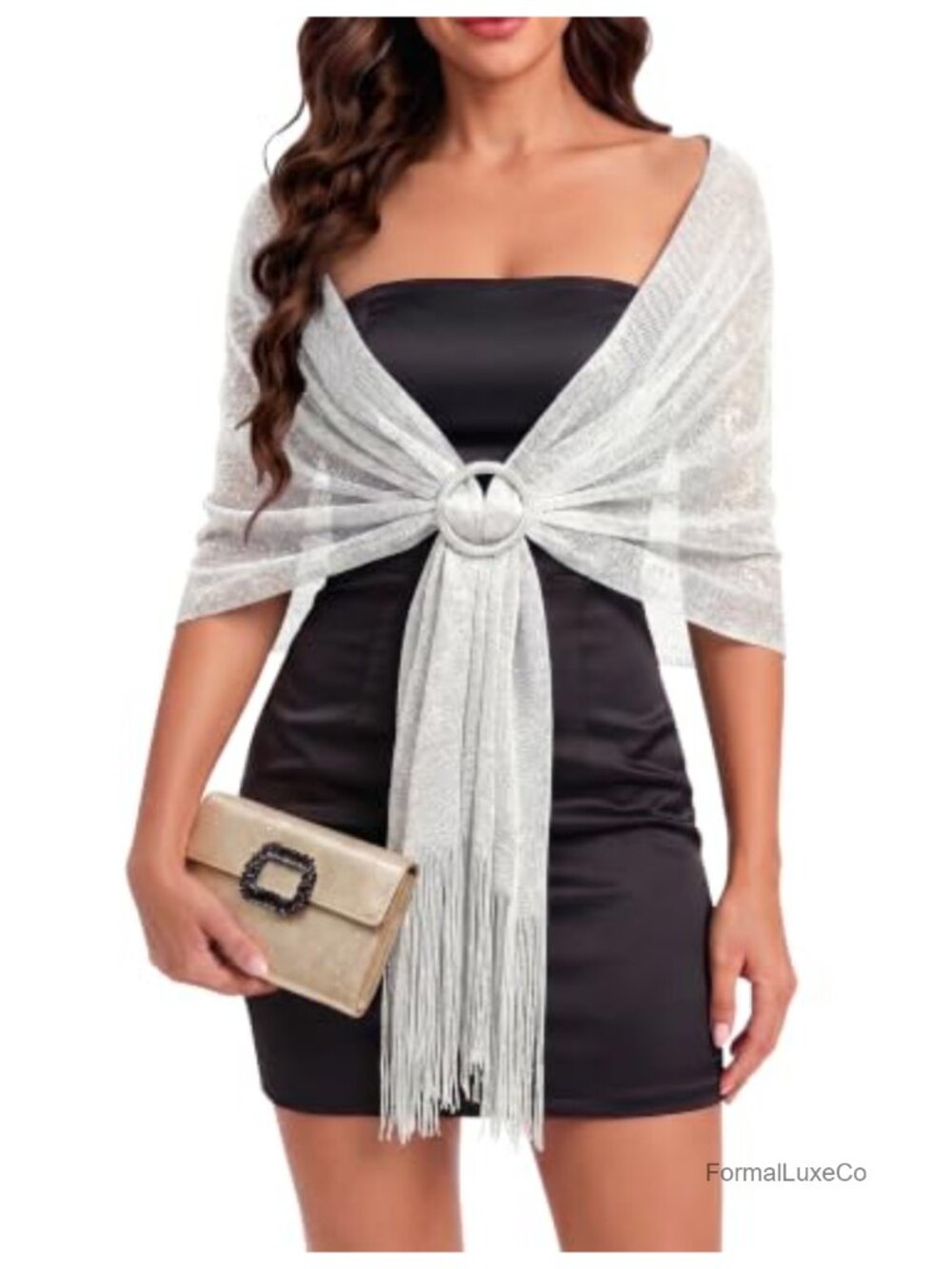 Womens Metallic Glitter Shawl Wrap Evening Dress Scarf w Buckle